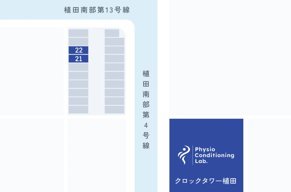 駐車場の案内図。クロックタワー植田パーキングの21番・22番